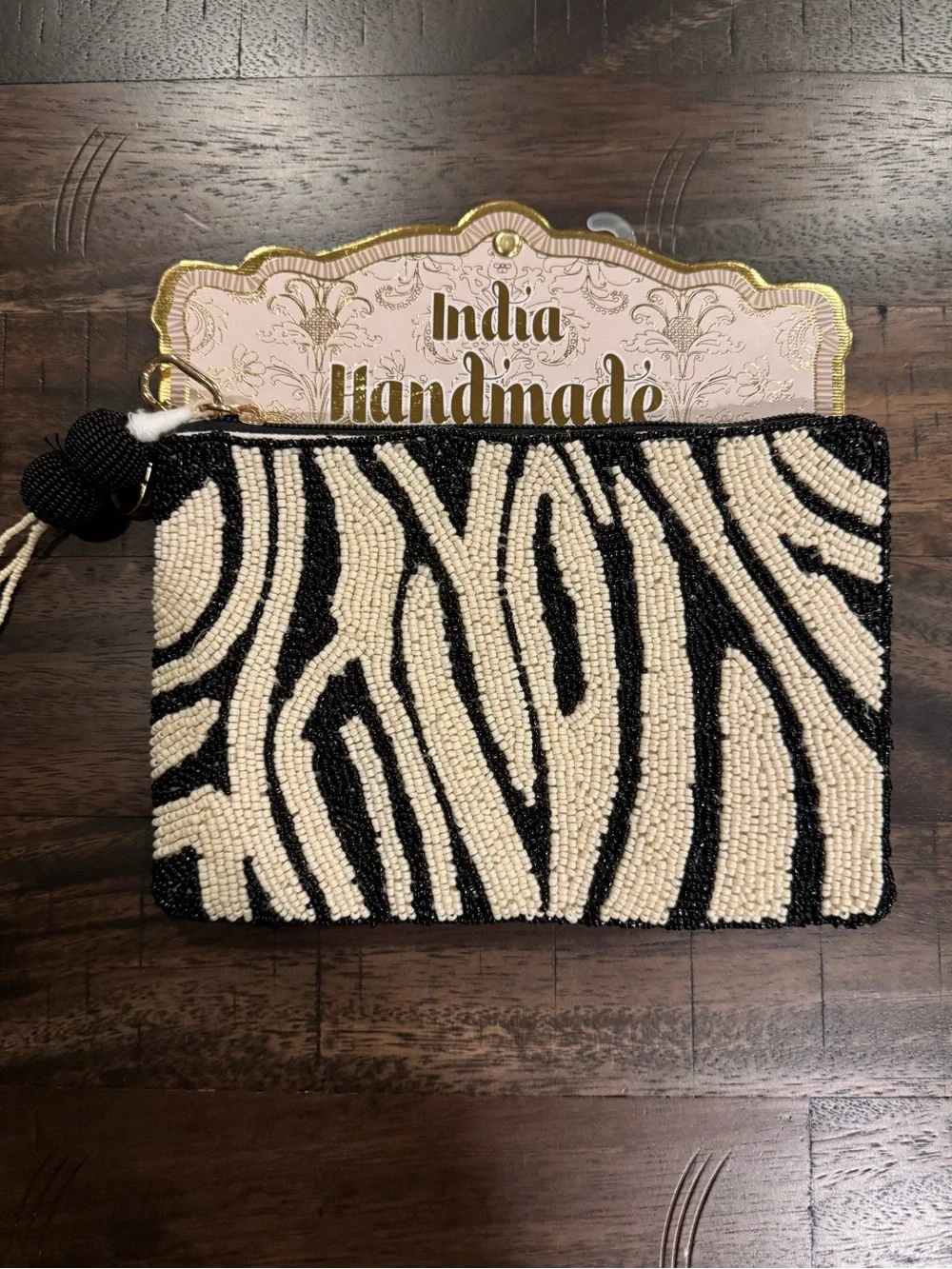 India Handmade Beaded Zebra Pouch - Black & Cream